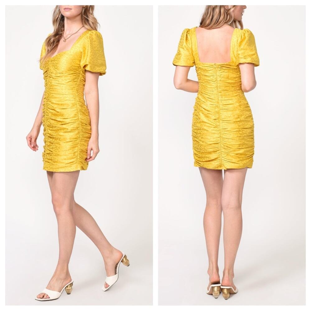 NEW Adelyn Rae Nissa Puff Sleeve Mini Dress in Honeycomb Gold - Size M